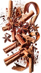 cinnamon floating in the air realistic with white background, isolated, spices, holiday time