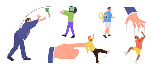 Control and manipulation of people by puppet master or mass media isolated set on white background