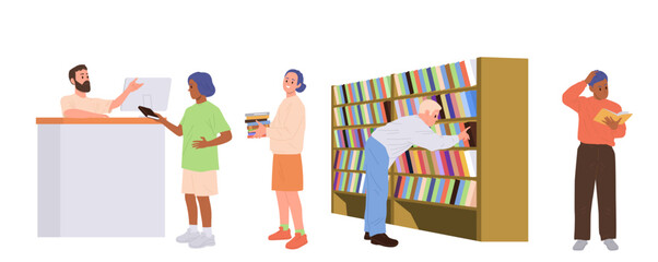 People cartoon characters choosing books for studying and preparing for examination in library