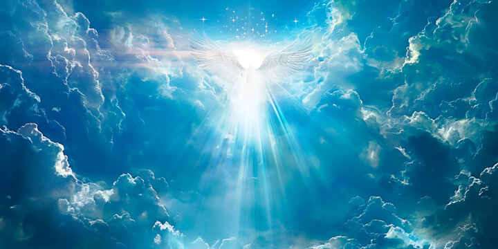 Divine angel descending from blue sky with heavenly light. Heavenly being emanating radiance from above. Sacred spirit delivering illumination from heaven. Concept of faith and Cristianity.