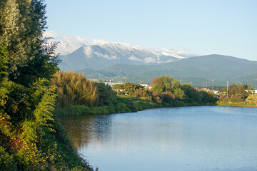Landscape with a pond and mountains. Sirius (Adler) Sochi.