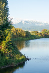 Landscape with a pond and mountains. Sirius (Adler) Sochi.