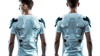 Futuristic fashion and sci-fi inspired male apparel. Back view of a man in white t-shirt glowing white neon light metal enhancement. Isolated on white background. Upper body only.