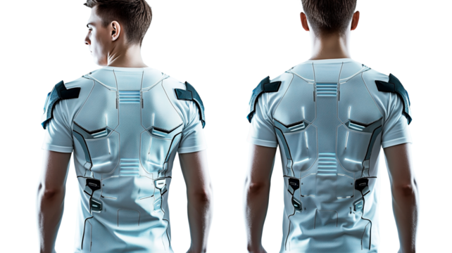 Futuristic fashion and sci-fi inspired male apparel. Back view of a man in white t-shirt glowing white neon light metal enhancement. Isolated on white background. Upper body only.