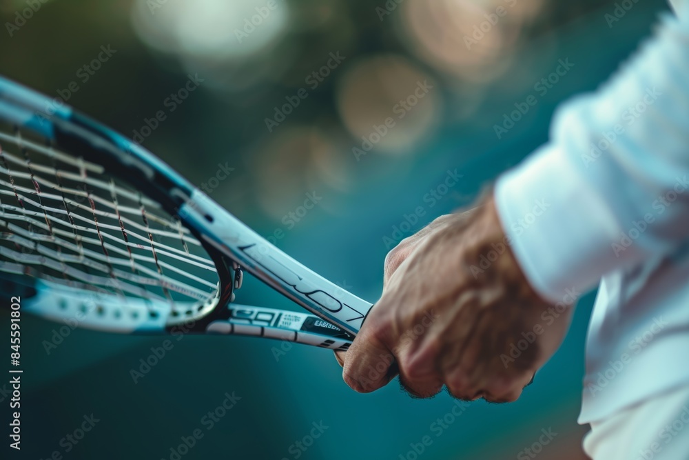 Poster focused tennis player adjusting racket grip: close-up shot illustrating detailed handle texture