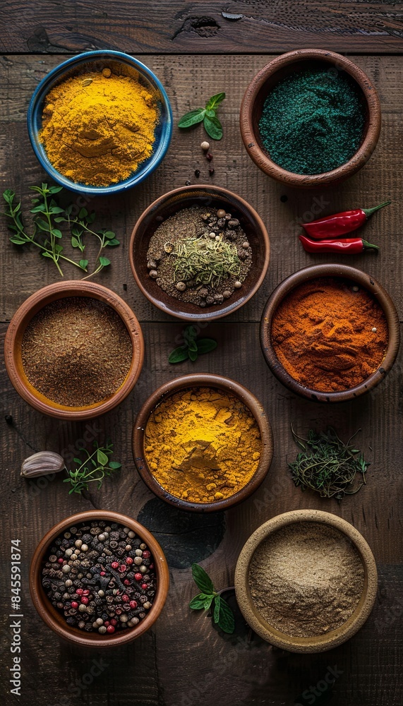 Poster a flat lay image showcases a variety of colorful spices in ceramic bowls, set against a rustic woode