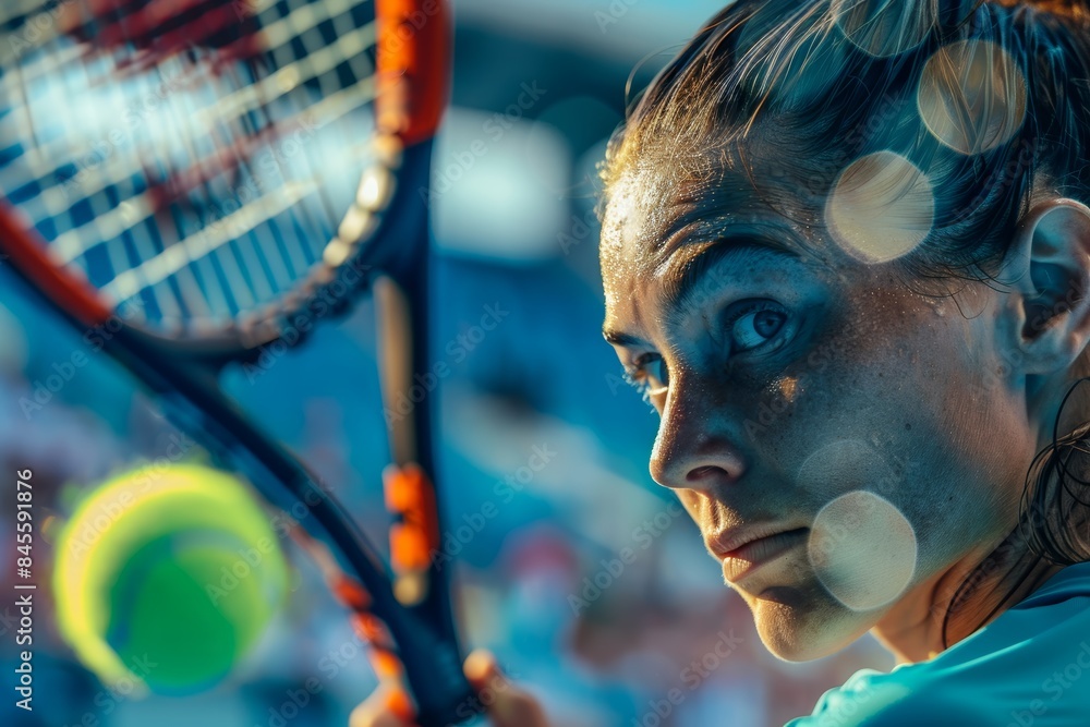 Poster intense focus of a tennis player ready to return a serve with blurred spectators in background