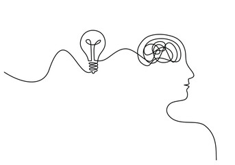 Head with light bulb symbol idea. Thinking concept. Vector illustration minimalist design hand drawn