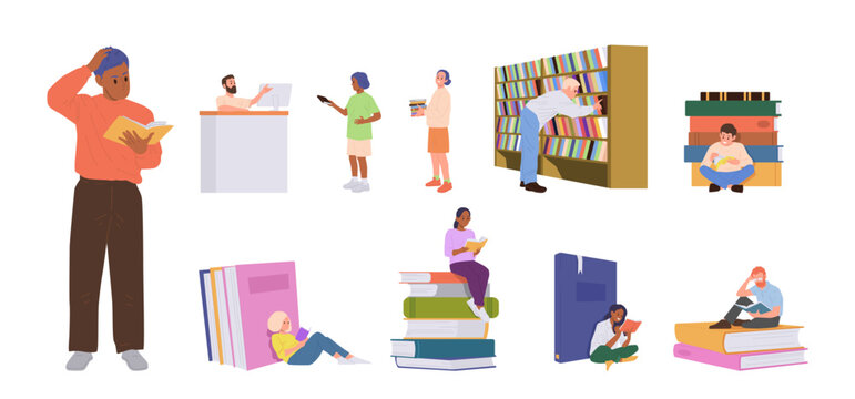 Diverse people literature fans, happy readers cartoon characters with book in library or bookstore