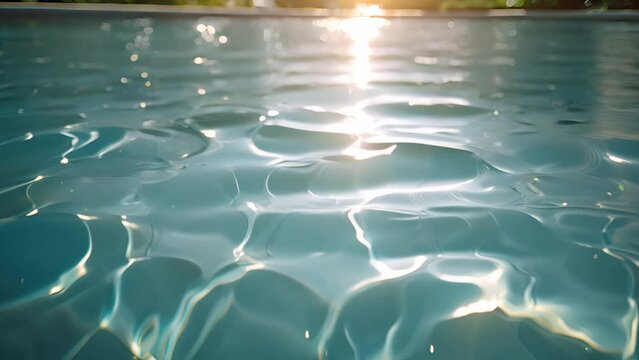A close-up image of the surface of a pool with sunlight reflecting off the water, creating a shimmering effect.