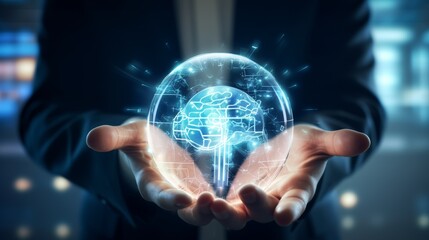 Fototapeta premium Brain in hands lights man in suit. AI and technology automation