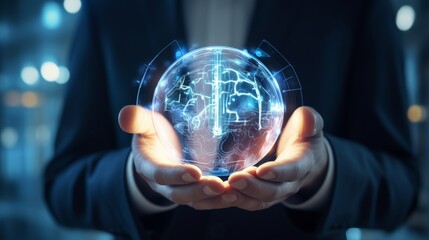 Brain in hands lights man in suit. AI and technology automation