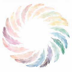 Fototapeta premium A beautiful watercolor wreath made of delicate pastel feathers arranged in a circular pattern, showcasing lightness and elegance.