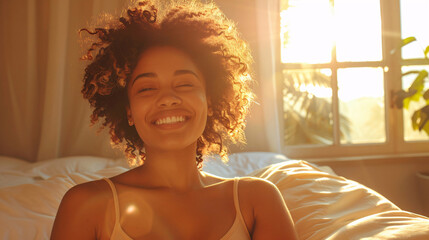 Smiling woman waking up in a bright bedroom, feeling refreshed and happy
