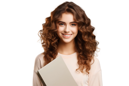 Portrait of smiling smart teenage girl holding book, education concept, isolated on transparent background