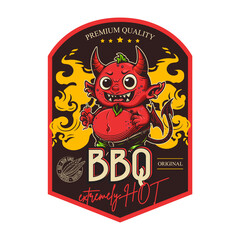 "BBQ. Extremely hot. Original. Premium quality" - Sauce design label. Vector illustration in engraving technique of cute little horned devil with wings. 