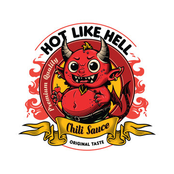"Hot like Hell. Chili Sause. Original taste. Premium quality" - Sauce design label. Vector illustration in engraving technique of cute little horned devil with wings. 