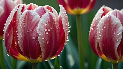 Delicately shimmering tulip glistens with morning dew