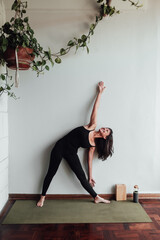 Young Woman in Sportswear Practicing Yoga on Mat. Copy space