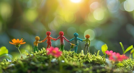 a group of miniature people crafted from colorful paper mache, standing on lush green moss adorned with delicate flowers, as they joyfully hold hands and bask in the warm sunlight. - Powered by Adobe