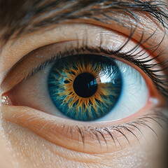 there is a close up of a person ' s eye with a blue iris

