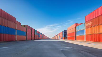 Container yard with a clear blue sky and ample ground space, focusing on global business logistics for freight carriers and cargo transportation