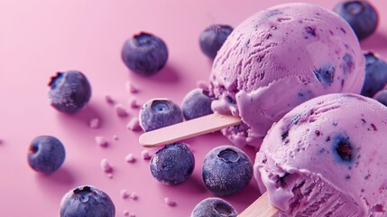Ice cream balls with blueberries, on a pastel background