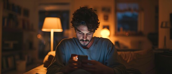 A man uses his phone in a dimly lit room.