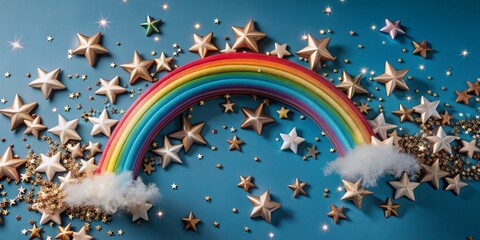 Naklejka premium Bright colorful holiday background with golden stars and rainbow on top. AI generated