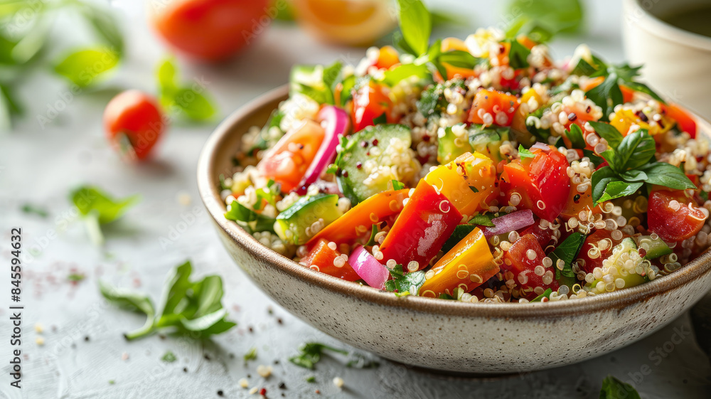 Wall mural Bowl of colorful quinoa salad with tomatoes, cucumbers, and herbs. - Wall murals