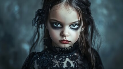 A young girl with black hair and a black dress is wearing black makeup