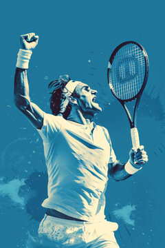 Dynamic Tennis Victory Celebration Art - Colorful Sports Illustration for Print, Card, Poster