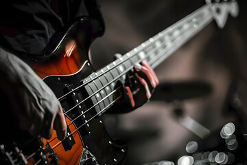 Obraz premium Electric bass guitar player hands, live music