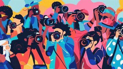 Colorful illustration of diverse photographers celebrating World Photography Day with cameras