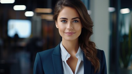 Obraz premium Successful Businesswoman in Modern Office Holding Tablet and Smiling - Realistic Professional Portrait