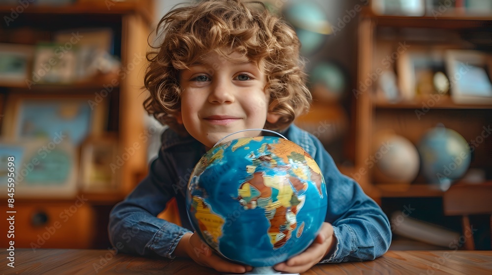 Poster interactive geography lesson with digital globe exploring world cultures and environments