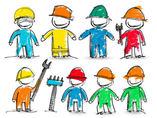 Children's illustration in stickman style about construction workers isolated on white background.
