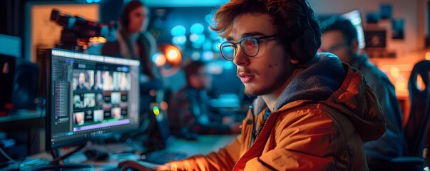 Obraz premium Film School Students Editing Their Creative Project on Computer in Night Workspace