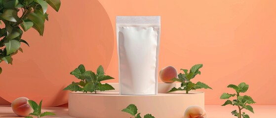 A detailed close-up image of a blank white pouch packaging mockup situated on a platform. The arrangement includes mint plants and a peach tree, set against an orange background 