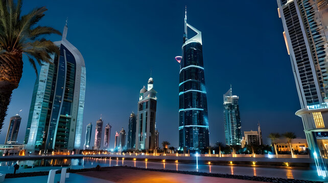 During the blue hour, the twisting Cayan Tower in Dubai stands out strikingly against the darkening sky