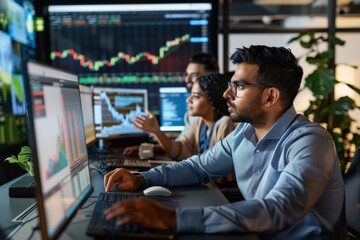 Financial Analysts Collaborating on Investment Strategies with Data Charts in Modern Office