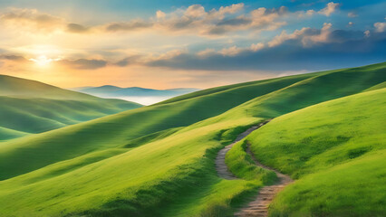 Fototapeta premium Tranquil Path Through Green Valley on Rolling Hills