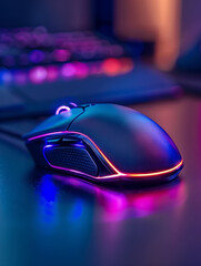 Gaming computer mouse with RGB lighting on a desk