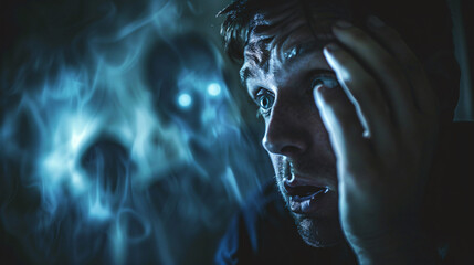 Fototapeta premium Adult male suffering from a nightmare, looking worried with ghostly shadows