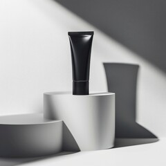 A professional cosmetic setup showcasing a black tube on a podium. The simple design is accentuated by shadows, providing a clean and aesthetically pleasing background.