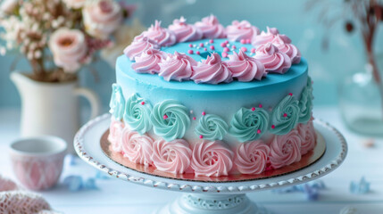 A cake with pink, blue, and white frosting and pink and blue flowers on top