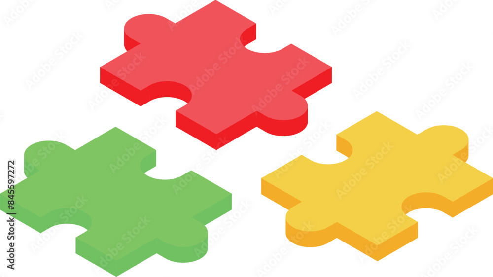 Poster three colorful puzzle pieces floating in an isometric view representing teamwork