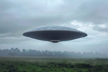 Fototapeta premium UFO flying over the meadow in the mist.
