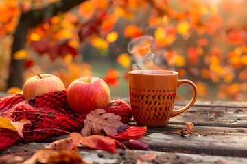 Wooden table with a steaming mug of apple cider, Colorful fall foliage surrounding the scene