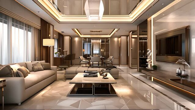 A contemporary living room with sleek furnishings and an open layout, featuring a large sofa, a coffee table, and a large flat-screen television. The room is brightly lit with natural light and modern